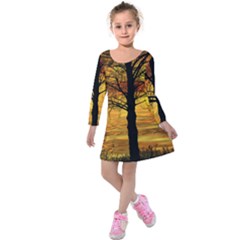 Nature Sunset Landscape Sun Kids  Long Sleeve Velvet Dress by Pakrebo