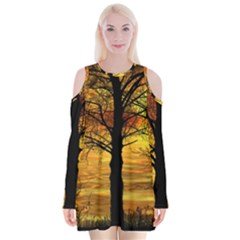 Nature Sunset Landscape Sun Velvet Long Sleeve Shoulder Cutout Dress by Pakrebo