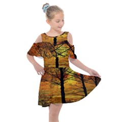 Nature Sunset Landscape Sun Kids  Shoulder Cutout Chiffon Dress by Pakrebo