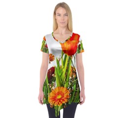 Tulip Gerbera Composites Broom Short Sleeve Tunic  by Pakrebo