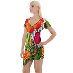 Tulip Gerbera Composites Broom Short Sleeve Asymmetric Mini Dress by Pakrebo