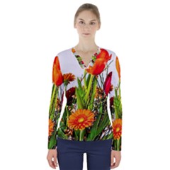 Tulip Gerbera Composites Broom V-neck Long Sleeve Top by Pakrebo