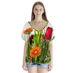 Tulip Gerbera Composites Broom V-neck Flutter Sleeve Top by Pakrebo