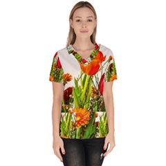 Tulip Gerbera Composites Broom Women s V-neck Scrub Top by Pakrebo