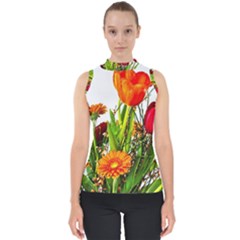 Tulip Gerbera Composites Broom Mock Neck Shell Top by Pakrebo