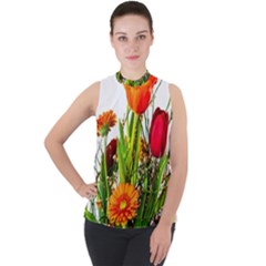 Tulip Gerbera Composites Broom Mock Neck Chiffon Sleeveless Top by Pakrebo