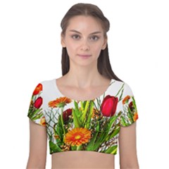 Tulip Gerbera Composites Broom Velvet Short Sleeve Crop Top  by Pakrebo