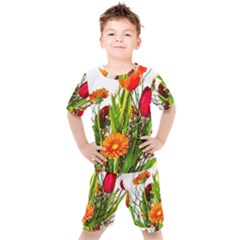 Tulip Gerbera Composites Broom Kids  Tee And Shorts Set by Pakrebo