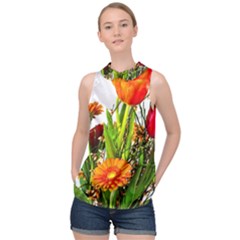 Tulip Gerbera Composites Broom High Neck Satin Top by Pakrebo