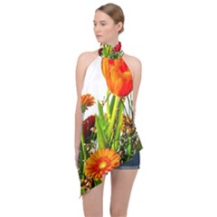 Tulip Gerbera Composites Broom Halter Asymmetric Satin Top by Pakrebo