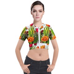 Tulip Gerbera Composites Broom Short Sleeve Cropped Jacket by Pakrebo