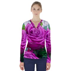 Rose Pink Purple Flower Bouquet V-neck Long Sleeve Top by Pakrebo