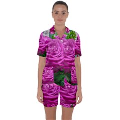 Rose Pink Purple Flower Bouquet Satin Short Sleeve Pyjamas Set by Pakrebo