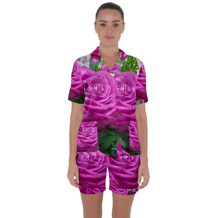 Rose Pink Purple Flower Bouquet Satin Short Sleeve Pyjamas Set