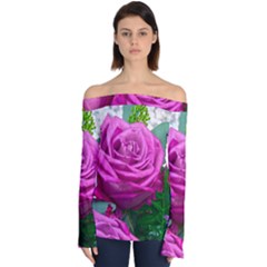 Rose Pink Purple Flower Bouquet Off Shoulder Long Sleeve Top by Pakrebo