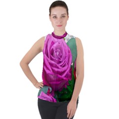 Rose Pink Purple Flower Bouquet Mock Neck Chiffon Sleeveless Top by Pakrebo