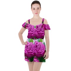 Rose Pink Purple Flower Bouquet Ruffle Cut Out Chiffon Playsuit by Pakrebo