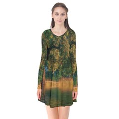 Nature Tree Sunset Giraffe Animal Long Sleeve V-neck Flare Dress by Pakrebo