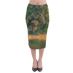 Nature Tree Sunset Giraffe Animal Velvet Midi Pencil Skirt by Pakrebo