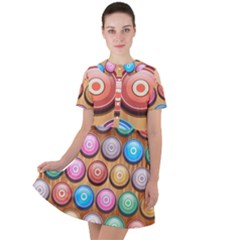 Background Colorful Abstract Brown Short Sleeve Shoulder Cut Out Dress 