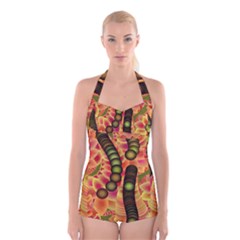 Abstract Background Digital Green Boyleg Halter Swimsuit 