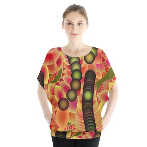 Abstract Background Digital Green Batwing Chiffon Blouse by HermanTelo