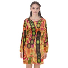 Abstract Background Digital Green Long Sleeve Chiffon Shift Dress 