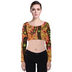 Abstract Background Digital Green Velvet Long Sleeve Crop Top