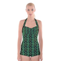 Abstract Pattern Graphic Lines Boyleg Halter Swimsuit 