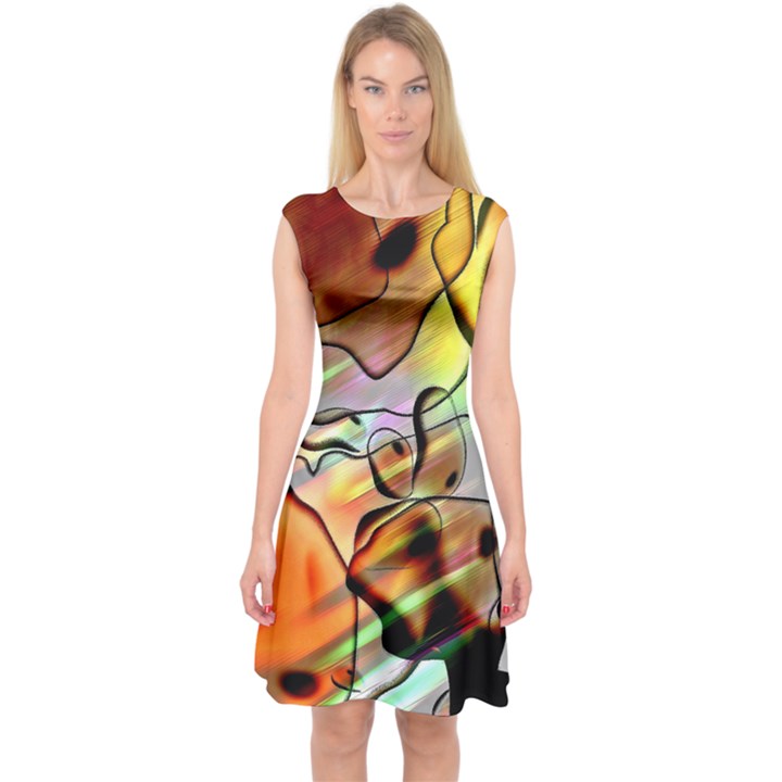 Abstract Transparent Drawing Capsleeve Midi Dress