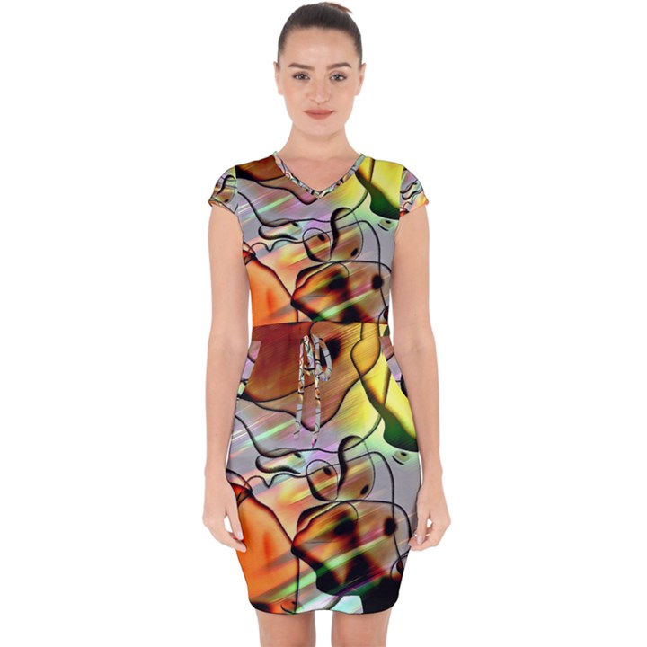 Abstract Transparent Drawing Capsleeve Drawstring Dress 