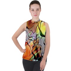 Abstract Transparent Drawing Mock Neck Chiffon Sleeveless Top by HermanTelo