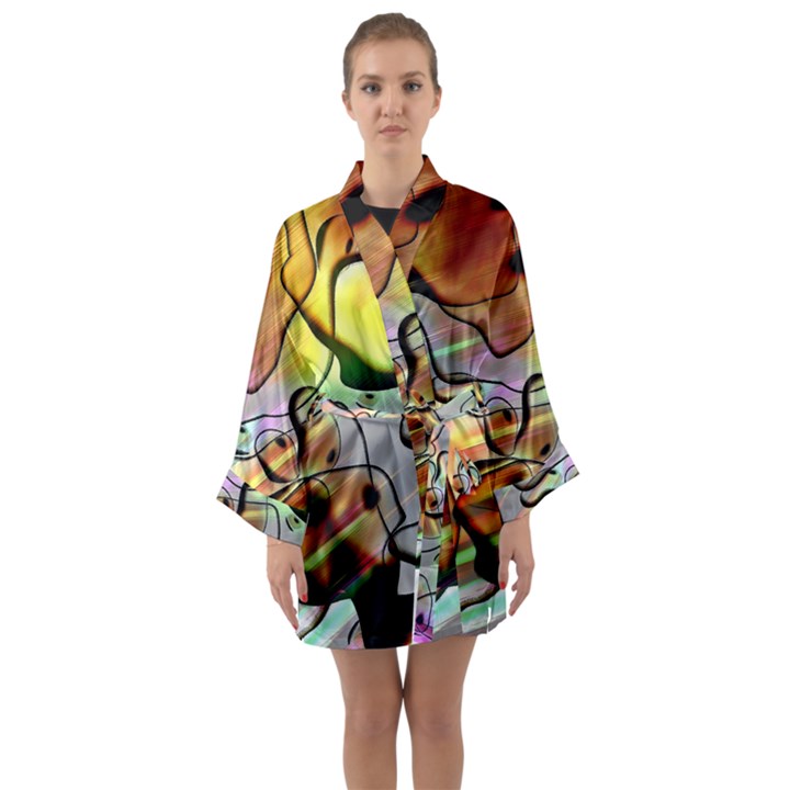 Abstract Transparent Drawing Long Sleeve Kimono Robe