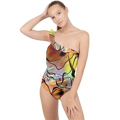 Abstract Transparent Drawing Frilly One Shoulder Swimsuit by HermanTelo