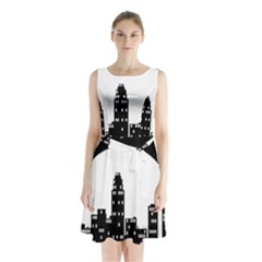 City Night Moon Star Sleeveless Waist Tie Chiffon Dress