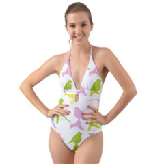 Birds Colourful Background Halter Cut-out One Piece Swimsuit