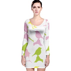 Birds Colourful Background Long Sleeve Velvet Bodycon Dress