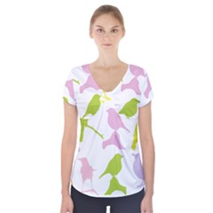 Birds Colourful Background Short Sleeve Front Detail Top