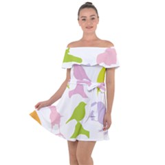 Birds Colourful Background Off Shoulder Velour Dress