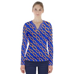 Blue Abstract Links Background V-neck Long Sleeve Top by HermanTelo