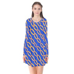 Blue Abstract Links Background Long Sleeve V-neck Flare Dress