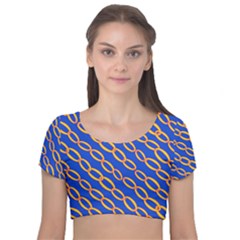 Blue Abstract Links Background Velvet Short Sleeve Crop Top 