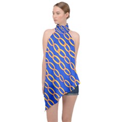 Blue Abstract Links Background Halter Asymmetric Satin Top