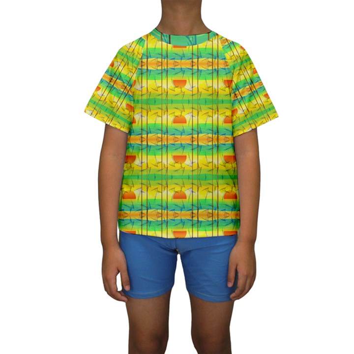 Birds Beach Sun Abstract Pattern Kids  Short Sleeve Swimwear