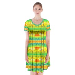 Birds Beach Sun Abstract Pattern Short Sleeve V-neck Flare Dress