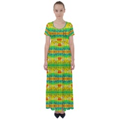 Birds Beach Sun Abstract Pattern High Waist Short Sleeve Maxi Dress