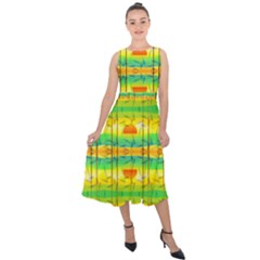 Birds Beach Sun Abstract Pattern Midi Tie-back Chiffon Dress