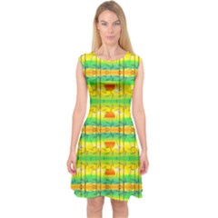 Birds Beach Sun Abstract Pattern Capsleeve Midi Dress