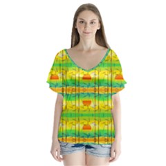 Birds Beach Sun Abstract Pattern V-neck Flutter Sleeve Top by HermanTelo