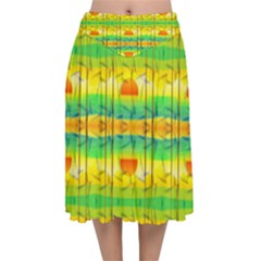 Birds Beach Sun Abstract Pattern Velvet Flared Midi Skirt